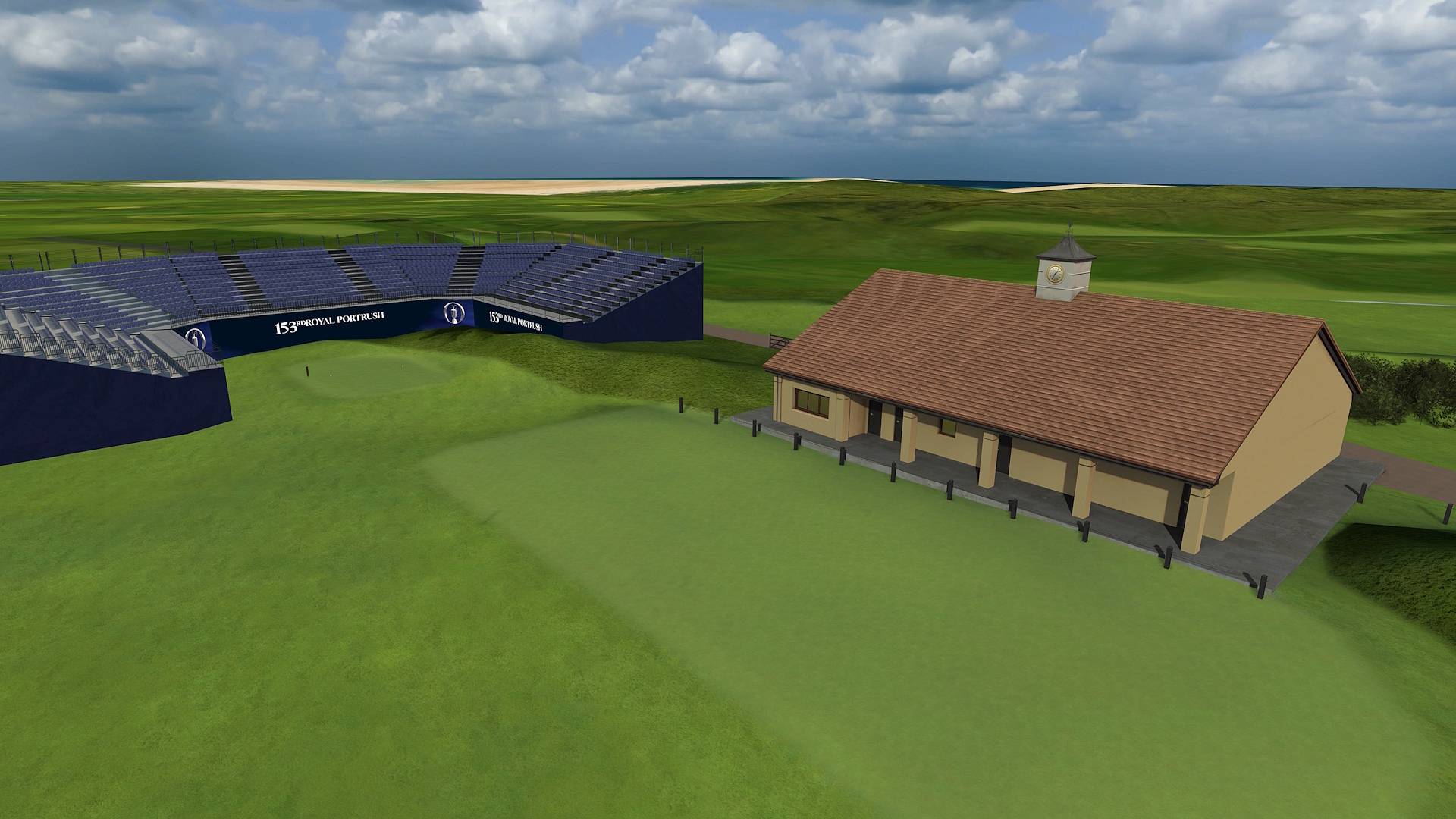 Golf 5 Royal Portrush Hole 1 — opening links fairway framed by towering dunes and coastal views.